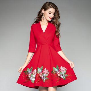 V-neck Flower Embroidered 3/4-sleeve A-line Dress