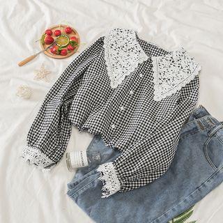 Lace Panel Gingham Blouse As Shown In Figure - One Size