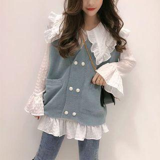 Set: Long-sleeve Ruffled Blouse + Buttoned Knit Vest