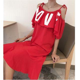 Lettering Off Shoulder Elbow Sleeve Midi Dress