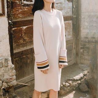 Long-sleeve Contrast Trim Knit Dress Almond - One Size