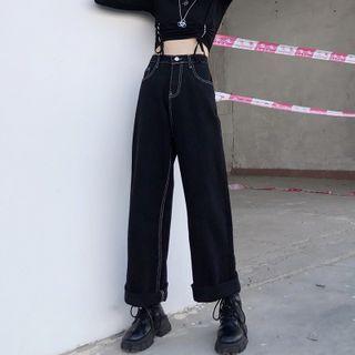 Stitched Wide-leg Straight-cut Jeans