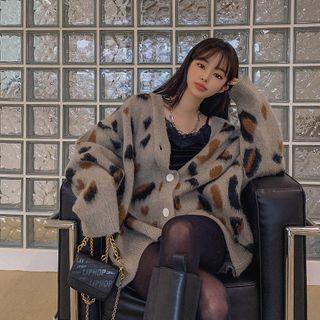 V-neck Wool Blend Oversized Leopard Cardigan
