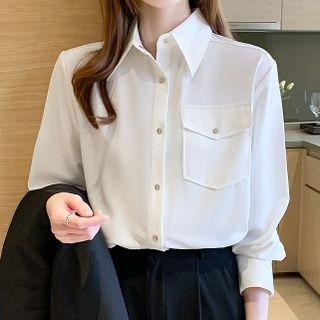 Long-sleeve Plain Draped Loose Fit Pocket Shirt