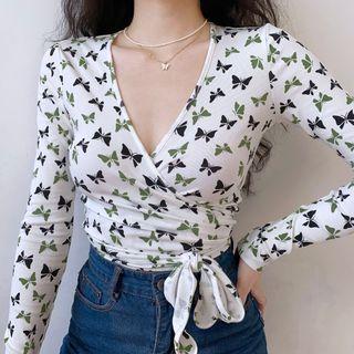 Butterfly Print Deep V-neck Long-sleeve Shirt
