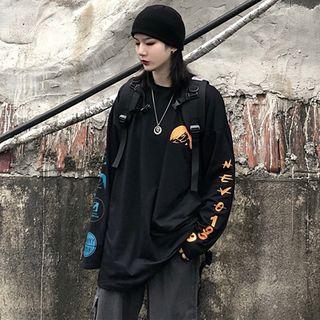 Long-sleeve Print Loose-fit T-shirt Black - One Size