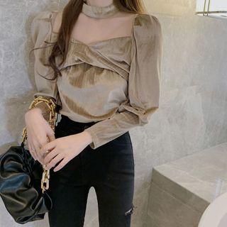 Long-sleeve Mesh Panel Twist-front Blouse