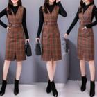Set: Long-sleeve Mock-neck Knit Top + Front Slit Jumper Dress