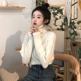 High-neck Cable-knit Sweater Cream White - One Size