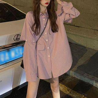 Detachable-sleeve Plaid Shirt Plaid - Purple - One Size
