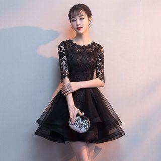 Elbow-sleeve Lace A-line Mini Prom Dress