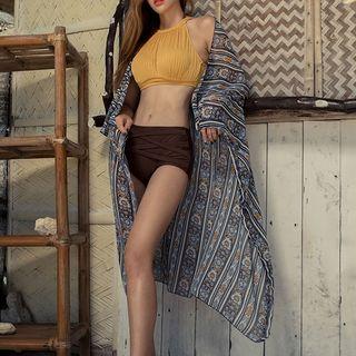 Set: Tankini Top + Swim Shorts + Patterned Cover-up