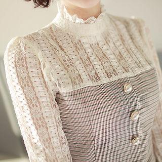 Lace-panel Checked A-line Dress