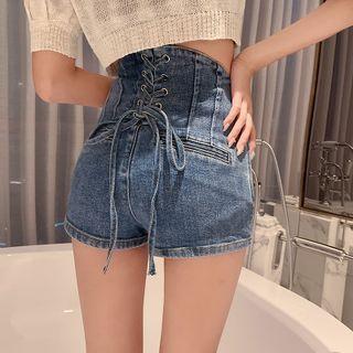 Details Lace Up-back High-waist Denim Shorts