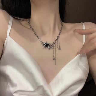 Heart Faux Gemstone Pendant Alloy Necklace Black & Silver - One Size