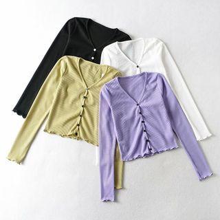Long Sleeve V-neck Ruffled-trim Crop Cardigan