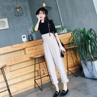 Set: Short Sleeve Plain Top + Suspender Wide-leg Pants