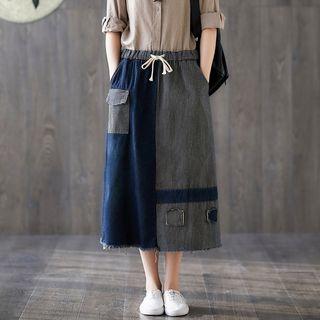 Striped Panel Trim Denim Semi Skirt