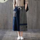 Striped Panel Trim Denim Semi Skirt
