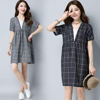 Windowpane Short-sleeve A-line Dress