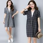 Windowpane Short-sleeve A-line Dress