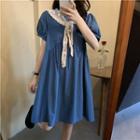 Set: Short-sleeve Plain A-line Dress + Scarf