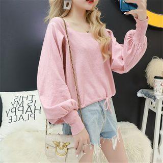 Drawstring Lantern-sleeve Knit Top