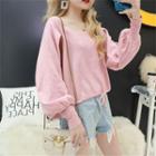 Drawstring Lantern-sleeve Knit Top