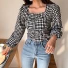 Square-neck Shirred Gingham Top