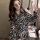 Off-shoulder Lapel Zebra Print Long-sleeve Shirt
