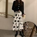 Long-sleeve Buttoned Knit Top / Dotted Midi A-line Skirt