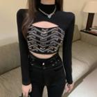 Long-sleeve Mock-neck Cut-out Rhinestone Top