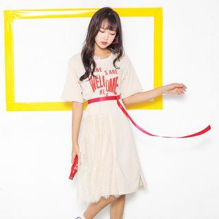 Lettering Lace Panel Elbow Sleeve Midi T-shirt Dress