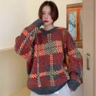 Long-sleeve Round Neck Plaid Sweater