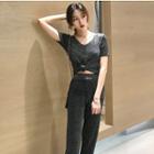 Set: V-neck Glittered Short Sleeve T-shirt + Glittered Jogger Pants