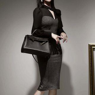 Puff-sleeve Paneled Double-breasted Sheath Dress