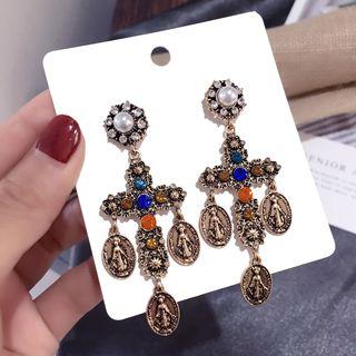 Faux Pearl Alloy Coin & Cross Dangle Earring Gold - One Size
