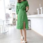 Set: 3/4-sleeve Linen Top + Tie-waist Skirt