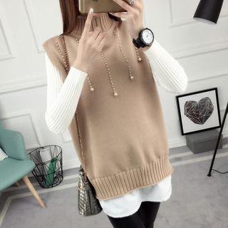 Set: Ribbed Sweater + Embellished High Neck Knit Vest