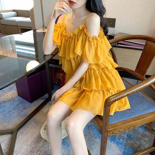 Ruffle Cold Shoulder Chiffon Mini Dress