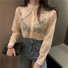 Plain Lace Long-sleeve Mesh Blouse As Shown In Figure - One Size