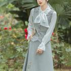 Long-sleeve Floral Embroidered Blouse / Button Vest / Midi A-line Skirt / Set