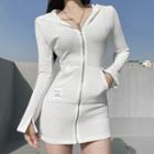 Hooded Zip Ribbed Knit Dress