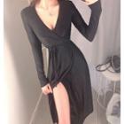 Deep V-neck Long-sleeve Front-slit Midi Sheath Dress Black - One Size