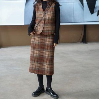 Plaid Single-breasted Vest / Midi A-line Skirt