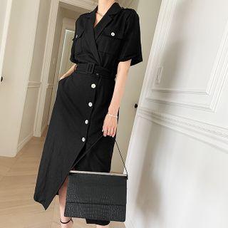 Short-sleeve Open-collar Tie-waist Midi A-line Dress