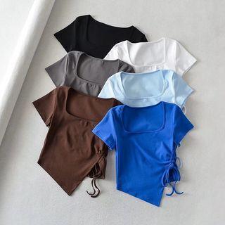 Short-sleeve Square Neck Drawstring Top