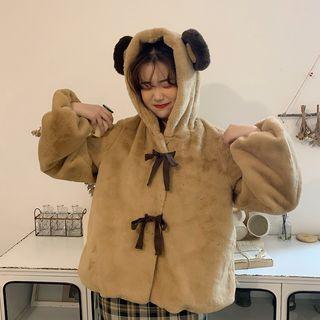 Bear Ear Hooded Fluffy Jacket Camel - One Size