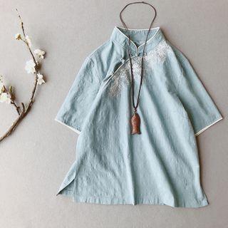 Embroidered Elbow-sleeve Linen Blouse