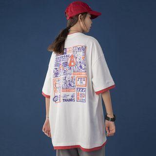 Elbow-sleeve Mock Two-piece Printed T-shirt